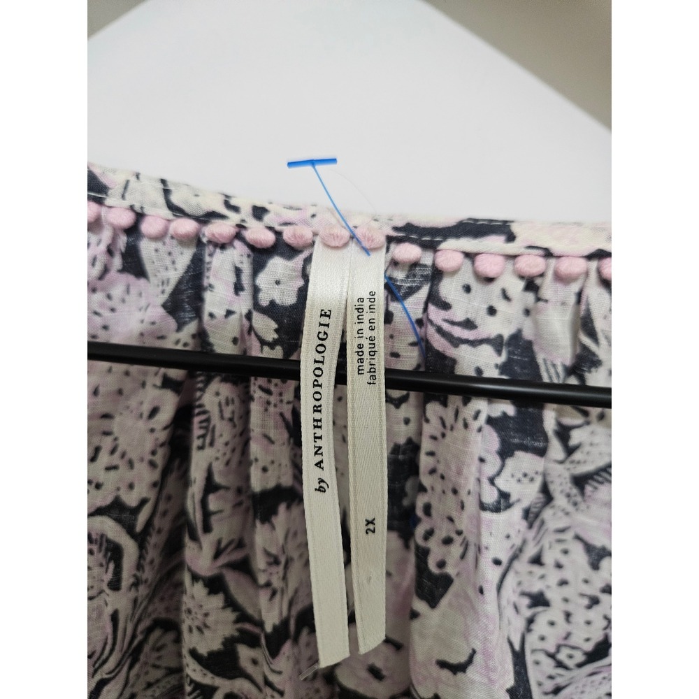 Anthropologie Floral Button Down Blouse Pink Black Pom Pom Trim Cotton 2X - Picture 2 of 10